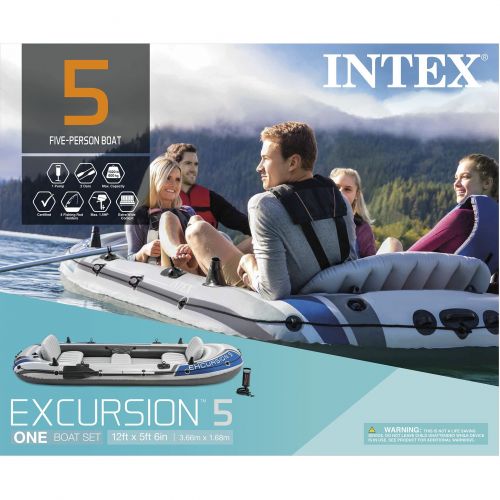 인텍스 Intex Excursion 5 Person Inflatable Rafting and Fishing Boat Set with 2 Oars