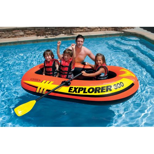 인텍스 Intex Explorer 300 Compact Fishing 3 Person Raft Boat w/ Pump & Oars (2 Pack)