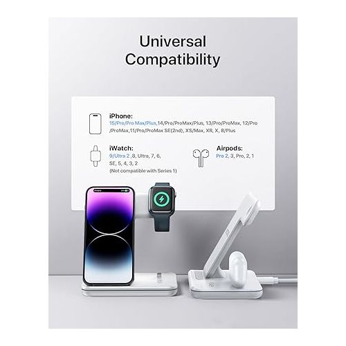  Intoval Charging Station for Apple iPhone/iWatch/Airpods, 3 in 1 Wireless Charger for iPhone15/14/13(Pro, Pro Max) 12/11/XS/XR, iWatch9/8/Ultra/7/6/SE/5/4/3/2, Airpods Pro2/Pro1/3/2/1(Z5 White)