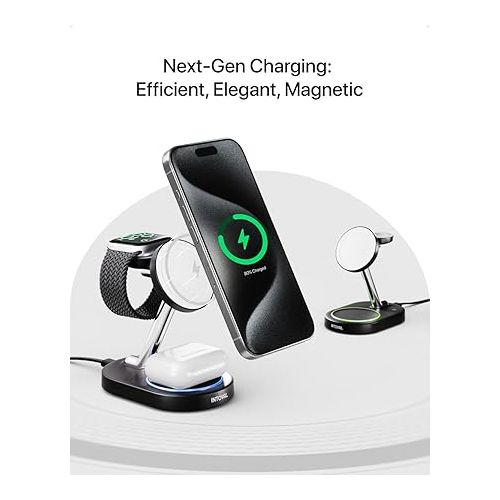  Intoval Fast Charging Station for Magsafe Apple Devices, Wireless Charger for MagSafe iPhones, 3 in 1 Magnetic Charger Stand for iPhone 15/14/13/12, Apple Watch & AirPods. (Black)