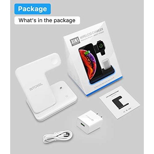  [아마존베스트]Intoval Wireless Charger, True 3 in 1 for Apple iPhone/iWatch/Airpods, Qi-Certified Charging Station for iPhone 12/11/Pro/Max/XS/Max/XR/XS/X, iWatch 6/SE/5/4/3/2, Airpods Pro/2/1 (