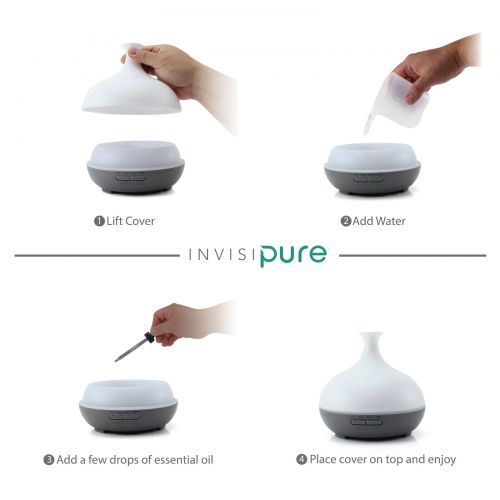  InvisiPure Drop Aromatherapy Diffuser - 300ml - Adjustable Mist, 7 Color LED, and Automatic Shutoff - Gray