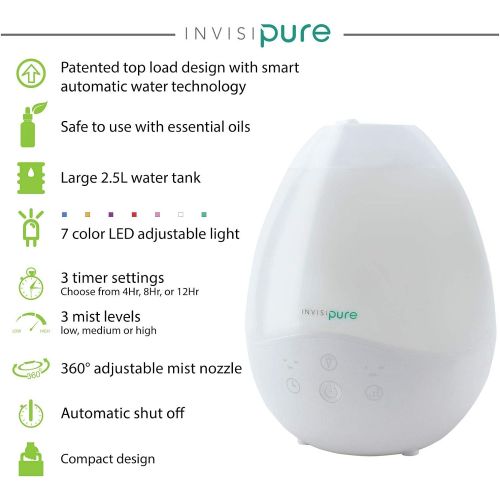  [2020 Upgrade] InvisiPure Luna Cool Mist Humidifier - Top Fill + Essential Oil Diffuser - LED Night Light (7 Colors) - Easy to Clean & Fill - 3 Mist Levels, Multi Timer, Auto Shuto