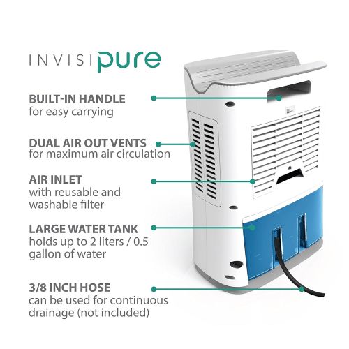  InvisiPure Hydrowave Dehumidifier - Small Compact Portable Dehumidifier for Home, RV, Bathroom, Closet, Bedroom, Small Room, Basement, Boat, Mold - Continuous Drain Hose Ready - Qu