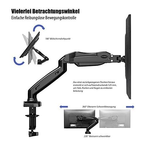  [아마존베스트]Invision Monitor mount - ergonomic gas assisted fully movable single arm for 43-68.5 cm (17-27 inch) screens - tilting with clamp - VESA 75 x 75 and 100 x 100 mm. Weighs 2-6.5 kg