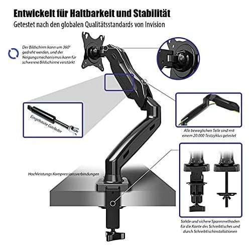  [아마존베스트]Invision Monitor mount - ergonomic gas assisted fully movable single arm for 43-68.5 cm (17-27 inch) screens - tilting with clamp - VESA 75 x 75 and 100 x 100 mm. Weighs 2-6.5 kg