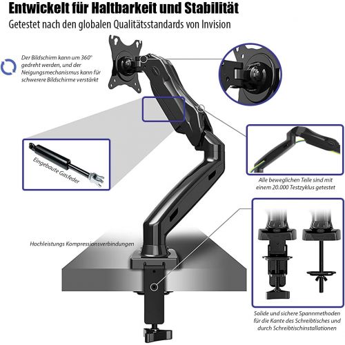  [아마존베스트]Invision Monitor mount - ergonomic gas assisted fully movable single arm for 43-68.5 cm (17-27 inch) screens - tilting with clamp - VESA 75 x 75 and 100 x 100 mm. Weighs 2-6.5 kg