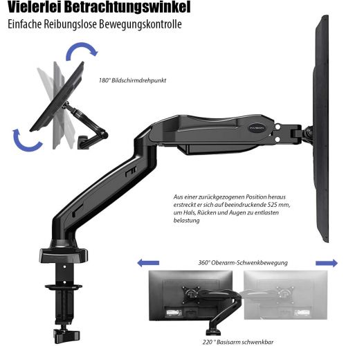  [아마존베스트]Invision Monitor mount - ergonomic gas assisted fully movable single arm for 43-68.5 cm (17-27 inch) screens - tilting with clamp - VESA 75 x 75 and 100 x 100 mm. Weighs 2-6.5 kg