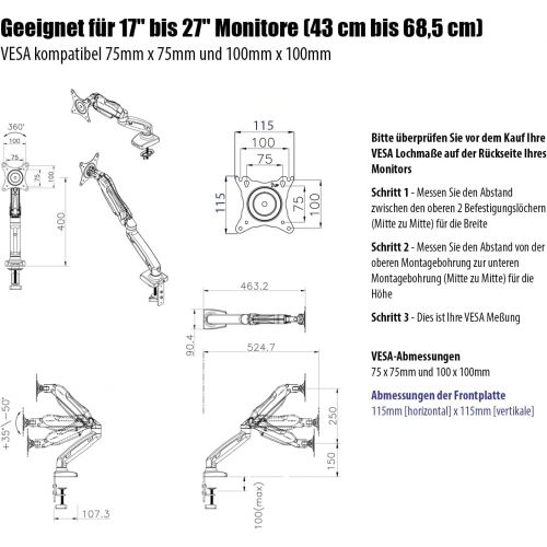  [아마존베스트]Invision Monitor mount - ergonomic gas assisted fully movable single arm for 43-68.5 cm (17-27 inch) screens - tilting with clamp - VESA 75 x 75 and 100 x 100 mm. Weighs 2-6.5 kg