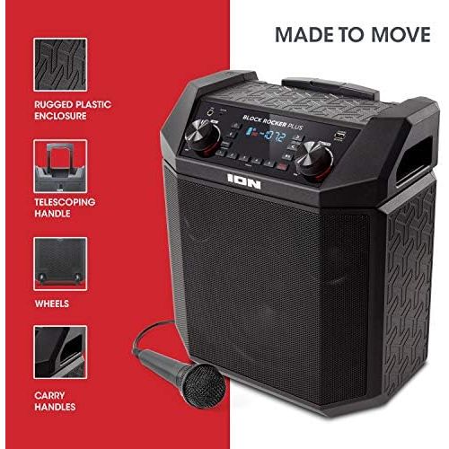  [아마존베스트]ION Audio Block Rocker Plus | 100W Portable Speaker, Battery Powered with Bluetooth Connectivity, Microphone & Cable, AM/FM Radio, Wheels & Telescopic Handle and USB Charging For S