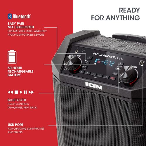  [아마존베스트]ION Audio Block Rocker Plus | 100W Portable Speaker, Battery Powered with Bluetooth Connectivity, Microphone & Cable, AM/FM Radio, Wheels & Telescopic Handle and USB Charging For S