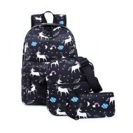 Ioutfit Unicorn Backpack Set Girls Lightweight Canvas School Bookbag Daypack Bags (Black 1)