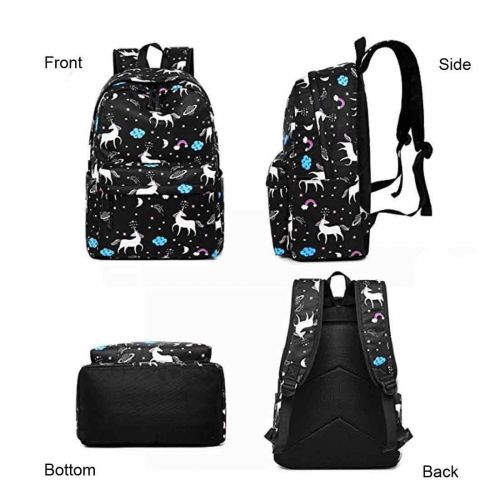  Ioutfit Unicorn Backpack Set Girls Lightweight Canvas School Bookbag Daypack Bags (Black 1)