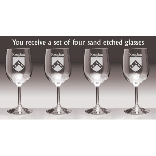  Irish Rose Gifts Heneghan Irish Coat of Arms Wine Glasses - Set of 4 (Sand Etched)