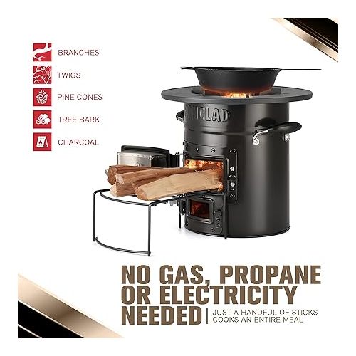  Supply Rocket Stove - Camping Wood Stove for Emergency Preparedness, Survival, Off Grid Living Supplies - Portable Wood Burning Stove with Canvas Storage Bag and Fuel Support System