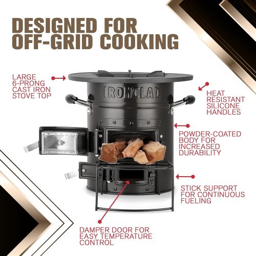  Ironclad Supply Rocket Stove ? Portable Outdoor Wood Burning Stove For Camping, Emergency Preparedness, Bushcraft ? Includes Canvas Storage Bag and Fuel Support System