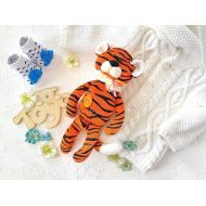 /IrunToys Soft toy tiger for baby, newborn stuffed eco toy, African safari animal, nursery crib safe toy, plush comforting toy, tiger baby shower gift
