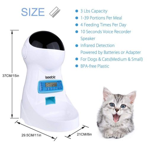  Iseebiz Automatic Cat Feeder 3L Pet Food Dispenser Feeder for Medium and Large Cat Dog4 Meal, Voice Recorder and Timer Programmable,Portion Control …