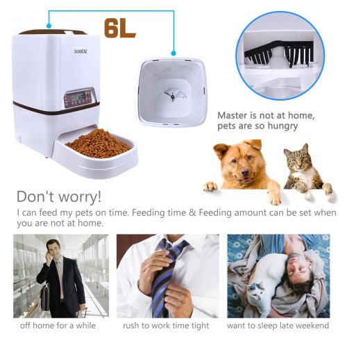  Iseebiz Automatic Pet Feeder, Dogs Cats Food Dispenser with Voice Record Remind, Timer Programmable, Portion Control, Distribution Alarm, IR Detect, 4 Meals a Day for Dogs Cats