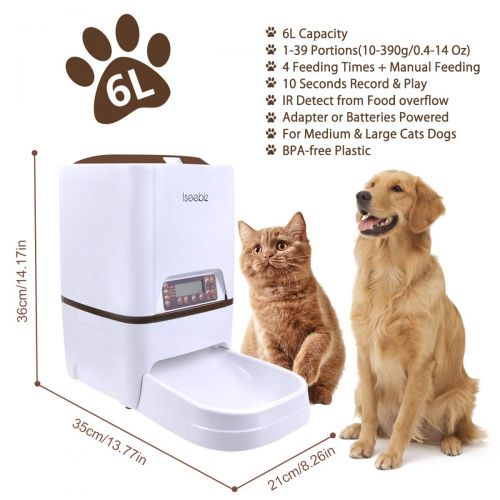  Iseebiz Automatic Pet Feeder, Dogs Cats Food Dispenser with Voice Record Remind, Timer Programmable, Portion Control, Distribution Alarm, IR Detect, 4 Meals a Day for Dogs Cats