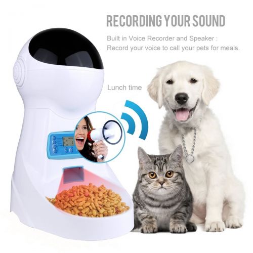  Iseebiz Automatic Pet Feeder, Dogs Cats Food Dispenser with Voice Record Remind, Timer Programmable, Portion Control, Distribution Alarm, IR Detect, 4 Meals a Day for Dogs Cats