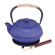 Isino 34 Ounce Cast Iron Teapot Stovetop Japanese Style Tetsubin Tea Kettle with Infuser Trivet and Wood Lid Holder Floral Design Iron Tea Pot Set (Enamel Coated Interior,Anti Scald)