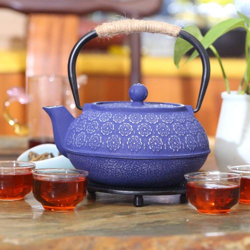  Isino 34 Ounce Cast Iron Teapot Stovetop Japanese Style Tetsubin Tea Kettle with Infuser Trivet and Wood Lid Holder Floral Design Iron Tea Pot Set (Enamel Coated Interior,Anti Scald)