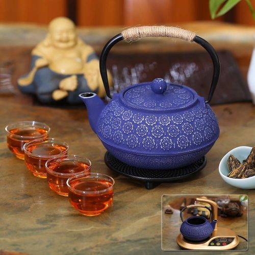  Isino 34 Ounce Cast Iron Teapot Stovetop Japanese Style Tetsubin Tea Kettle with Infuser Trivet and Wood Lid Holder Floral Design Iron Tea Pot Set (Enamel Coated Interior,Anti Scald)