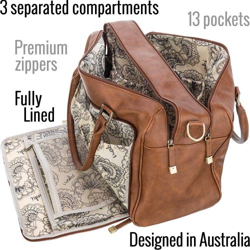  Isoki Large Diaper Bag Brushed Gold Vegan Faux Leather Double Zip Satchel 13 Pockets with Changing...