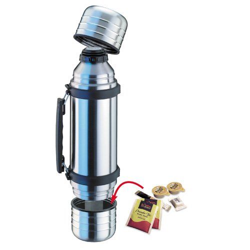  Isosteel Duo VA-9562DQ Vacuum-Insulated Thermos Flask with Quickstop Single-Hand Pouring System and 2 Screw-Off Drinking Cups 1.0 L 188 Stainless Steel