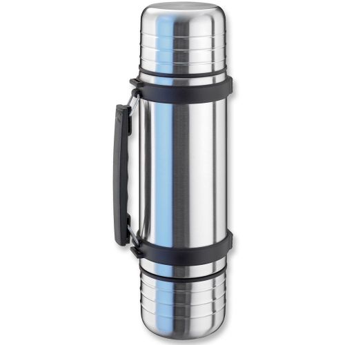  Isosteel Duo VA-9562DQ Vacuum-Insulated Thermos Flask with Quickstop Single-Hand Pouring System and 2 Screw-Off Drinking Cups 1.0 L 188 Stainless Steel