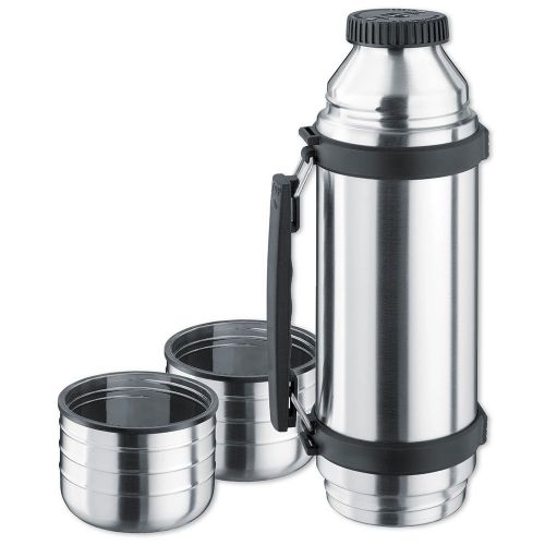  Isosteel Duo VA-9562DQ Vacuum-Insulated Thermos Flask with Quickstop Single-Hand Pouring System and 2 Screw-Off Drinking Cups 1.0 L 188 Stainless Steel
