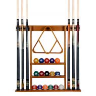 Iszy Billiards Pool Cue Rack Only - 6 Billiard Stick + Ball Set Holder Oak Finish Wall Mount