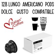 Italian Coffee Dolce Gusto compatible capsules, Lungo Americano Italian pods (Lungo Americano, 128)