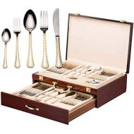 18/10 Flatware Service for 12-75 Piece Stainless Steel Polished Cutlery with Gold Accents and 3 Piece Hostess Serving Set in a Glossy Red Wooden Silverware Box