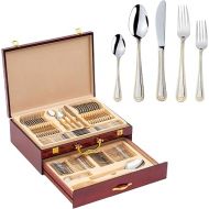 18/10 Flatware Service for 12-75 Piece Stainless Steel Set Polished Cutlery with Gold Accents and 3 Piece Hostess Serving Setting in a Glossy Red Wooden Silverware Box