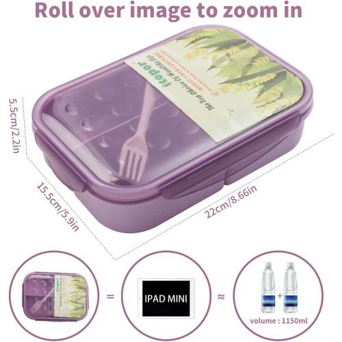  [아마존베스트]ITOPOR Bento Box,Bento lunch Box for Kids and Adults, Leakproof Lunch Containers with 3 Compartments, Lunch box Made by Wheat Fiber Material(Purple) By Itopor