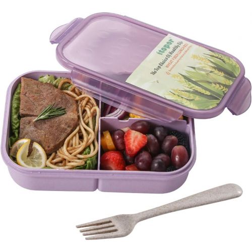  [아마존베스트]ITOPOR Bento Box,Bento lunch Box for Kids and Adults, Leakproof Lunch Containers with 3 Compartments, Lunch box Made by Wheat Fiber Material(Purple) By Itopor