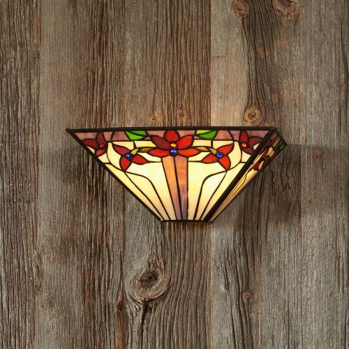  Its Exciting Lighting IEL-9002 V Shaped Tiffany Sconce, Creme, Battery Powered, Includes Stained Glass Shade In Croeme With Flowers