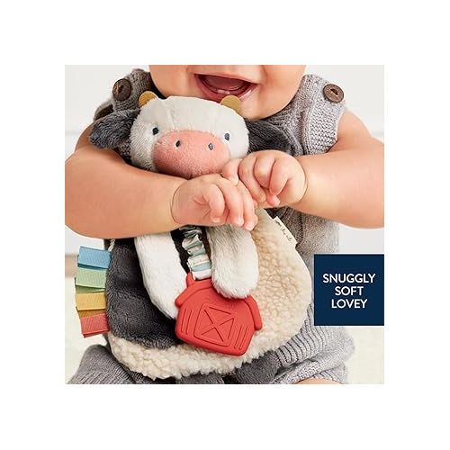  Itzy Ritzy - Itzy Lovey Including Teether - Baby Lovey with Teether, Textured Ribbons & Dangle Arms - Features Crinkle Sound, Sherpa Fabric and Minky Plush (Cow)