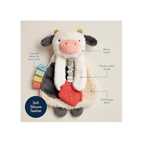  Itzy Ritzy - Itzy Lovey Including Teether - Baby Lovey with Teether, Textured Ribbons & Dangle Arms - Features Crinkle Sound, Sherpa Fabric and Minky Plush (Cow)