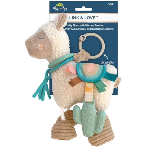  Itzy Ritzy Link & Love Toy for Stroller or Car Seat; Features Textured Ribbons, Crinkle Sounds, Clinking Rings & Silicone Teether; Designed For Ages 0 Months and Up (Llama)