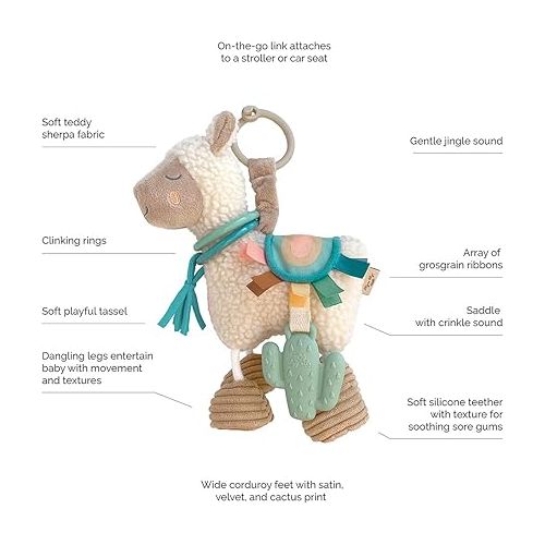  Itzy Ritzy Link & Love Toy for Stroller or Car Seat; Features Textured Ribbons, Crinkle Sounds, Clinking Rings & Silicone Teether; Designed For Ages 0 Months and Up (Llama)