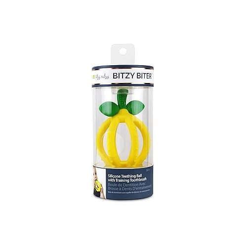  Itzy Ritzy Teething Ball & Training Toothbrush - Silicone, BPA-Free Bitzy Biter Lemon-Shaped Teething Toy Features Multiple Textures to Soothe Gums & an Easy-to-Hold Design (Lemon)