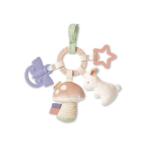  Itzy Ritzy Teething Toy with Braided Ring, Dangling Toys, Textured Ribbons, Crinkle Sound, Jingle Bell and Lovey with Sherpa Fabric, Minky Plush, Dangle Arms, Crinkle Sound, Bunny