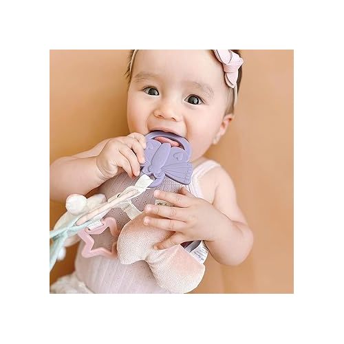  Itzy Ritzy Teething Toy with Braided Ring, Dangling Toys, Textured Ribbons, Crinkle Sound, Jingle Bell and Lovey with Sherpa Fabric, Minky Plush, Dangle Arms, Crinkle Sound, Bunny