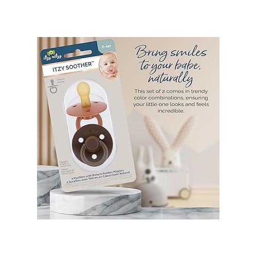  Itzy Ritzy Natural Rubber Pacifiers Set of 2 - Natural Rubber Newborn Pacifiers with Cherry-Shaped Nipple & Large Air Holes for Added Safety; Set of 2 in Chocolate & Caramel, Ages 0 - 6 Months