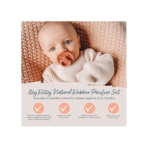  Itzy Ritzy Natural Rubber Pacifiers Set of 2 - Natural Rubber Newborn Pacifiers with Cherry-Shaped Nipple & Large Air Holes for Added Safety; Set of 2 in Chocolate & Caramel, Ages 0 - 6 Months