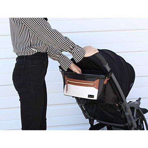  Itzy Ritzy Adjustable Stroller Caddy  Stroller Organizer Featuring Two Built-in Pockets, Front Zippered Pocket and Adjustable Straps to Fit Nearly Any Stroller, Coffee and Cream