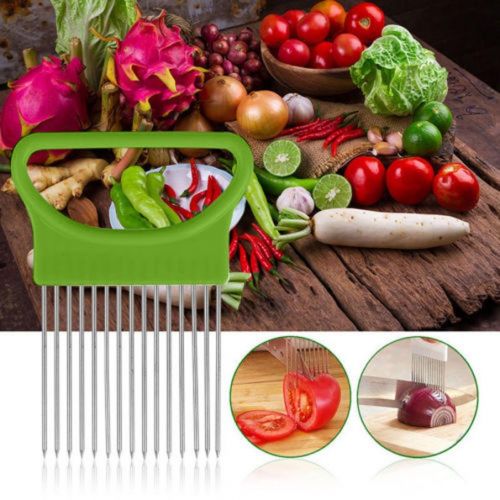  Iuhan iuhan New Tomate Zwiebel Gemuese Schneide Schneiden von Hilfe Halter Guide zum Cutter Sicher Gabel gruen